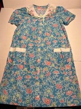 Vintage Floral Snap House Coat Patio Dress Duster Mu Mu Pockets Embroidered M/L